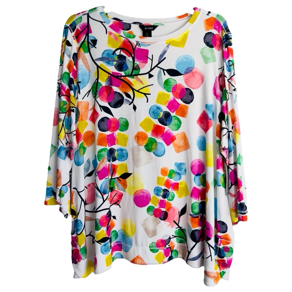 Ali Miles 2X White‎ Multi Color Abstract Long Sleeve T-Shirt Top NWT